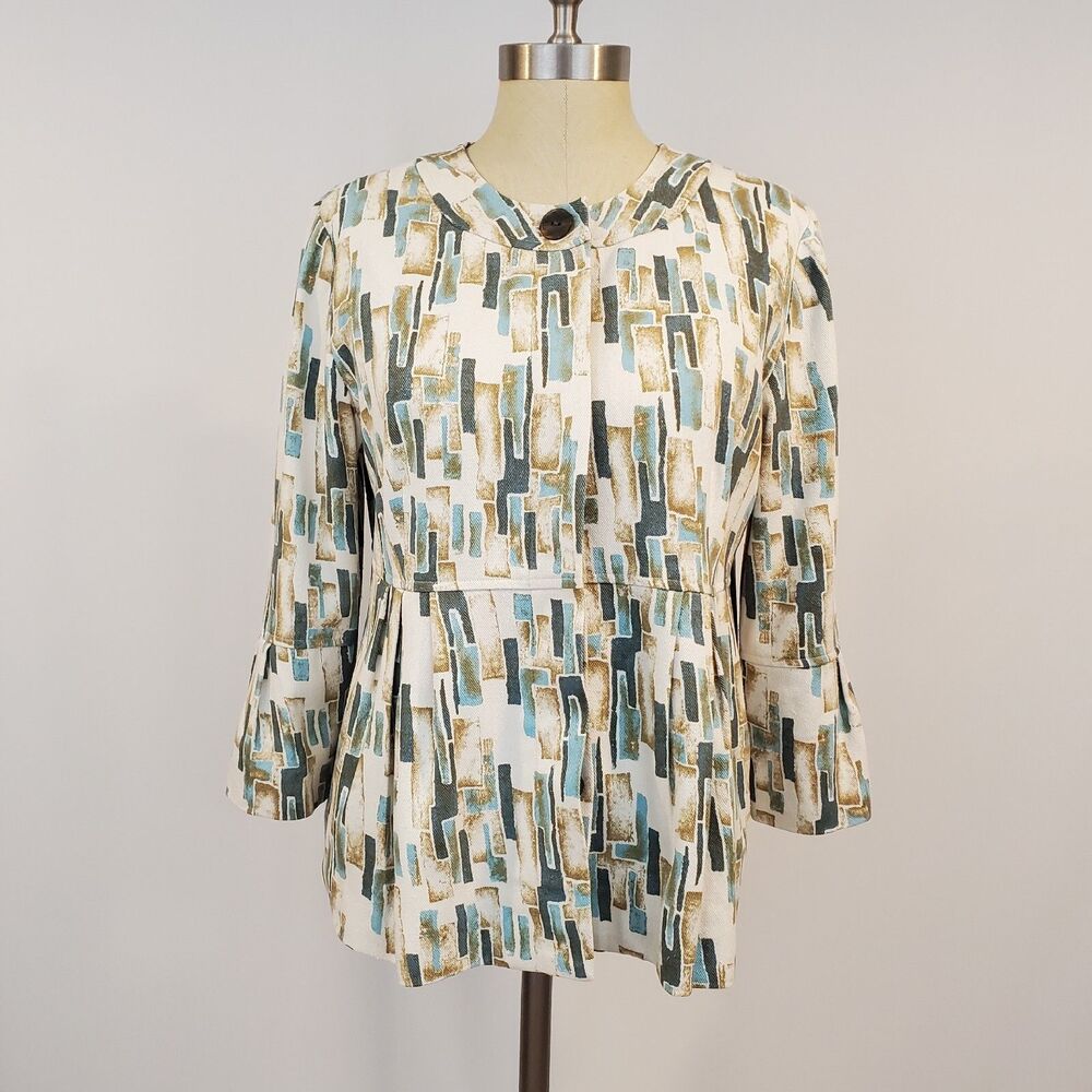 J.Jill Silk Blazer Jacket M Bell Sleeve Peplum Geometric Artsy Preppy Career
